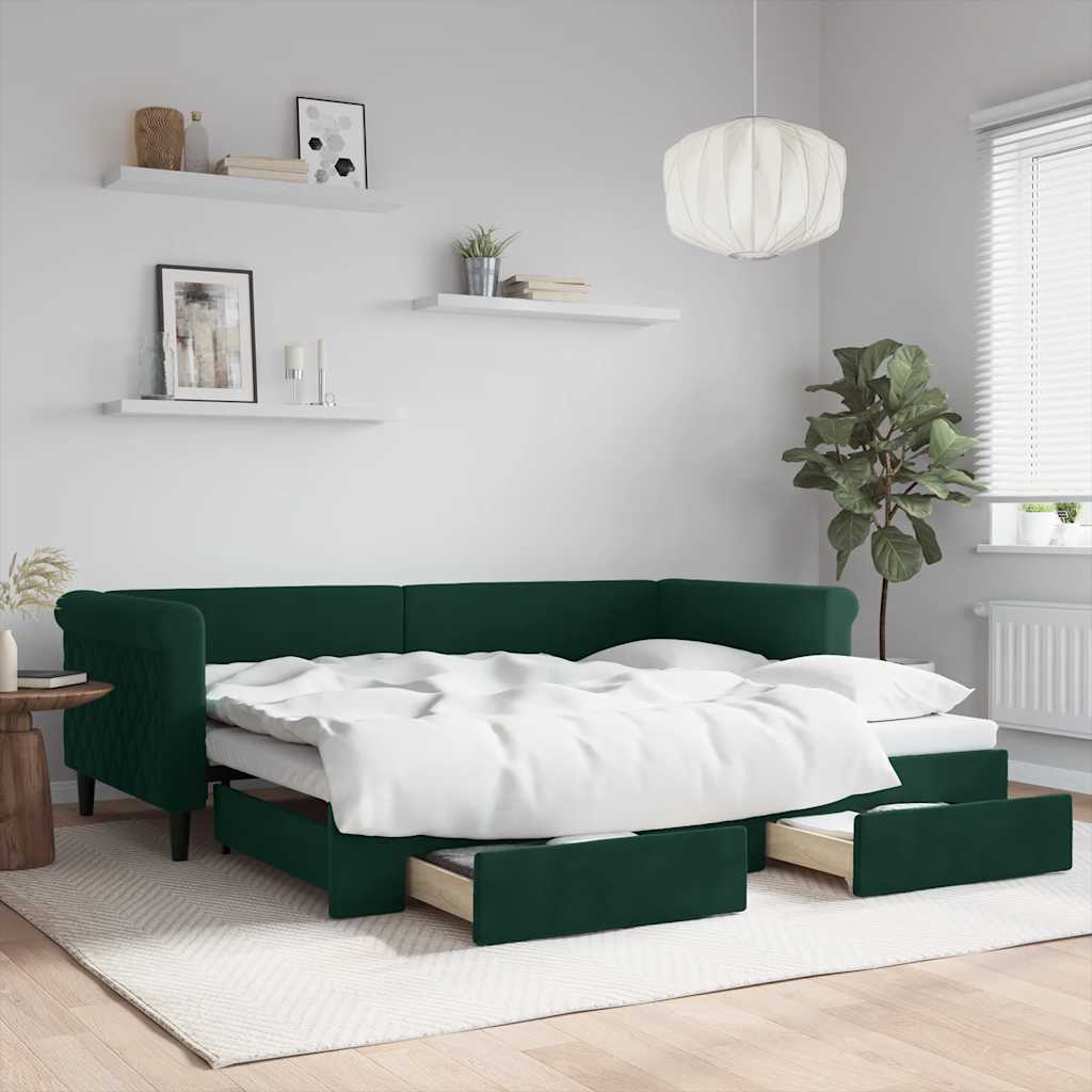 vidaXL Sofa rozsuwana z szufladami, ciemnozielona, 90x200 cm, aksamit