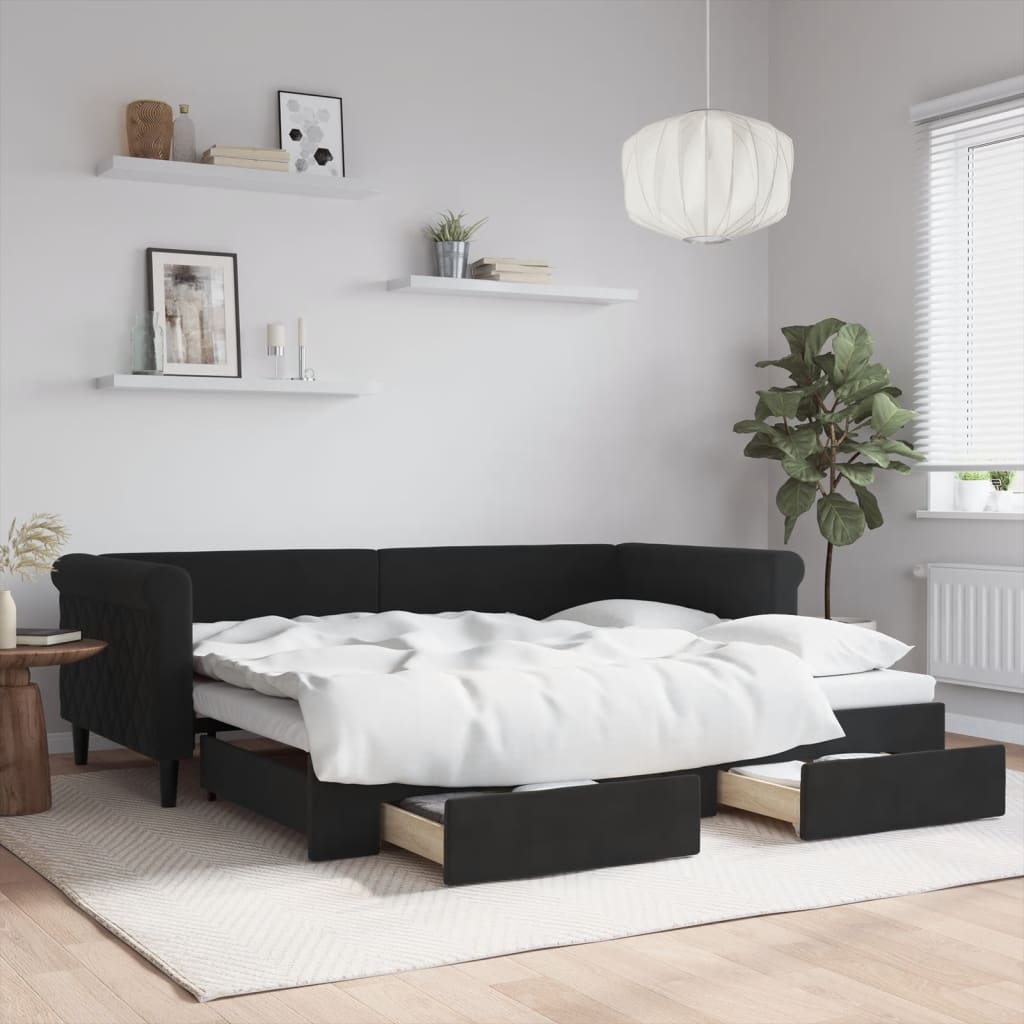 vidaXL Sofa rozsuwana z szufladami, czarna, 90x200 cm, aksamit