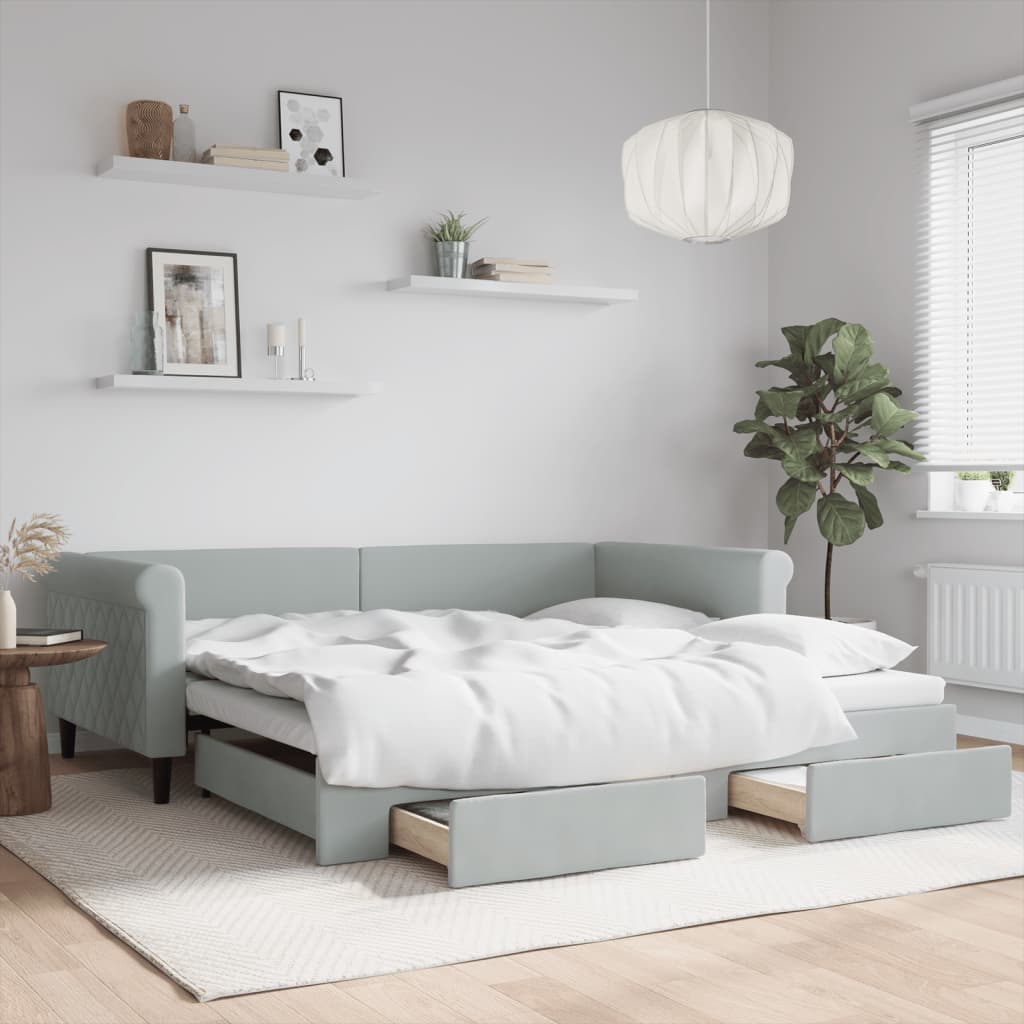 vidaXL Sofa rozsuwana z szufladami, jasnoszara, 100x200 cm, aksamit