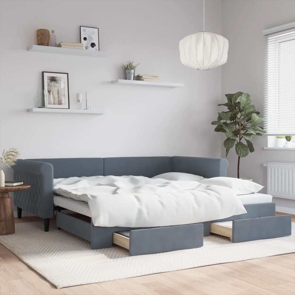 vidaXL Sofa rozsuwana z szufladami, ciemnoszara, 100x200 cm, aksamit