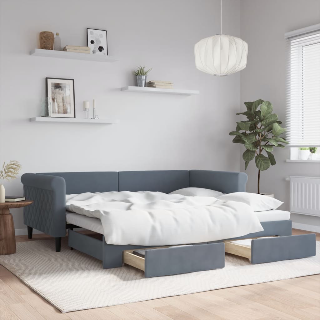 vidaXL Sofa rozsuwana z szufladami, ciemnoszara, 90x190 cm, aksamit