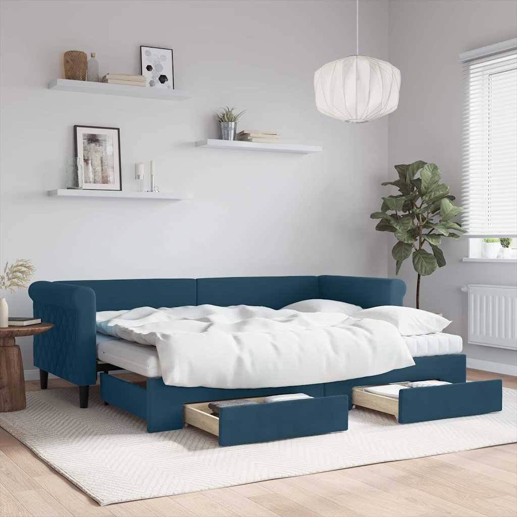 vidaXL Sofa rozsuwana z szufladami, niebieska, 80x200 cm, aksamit