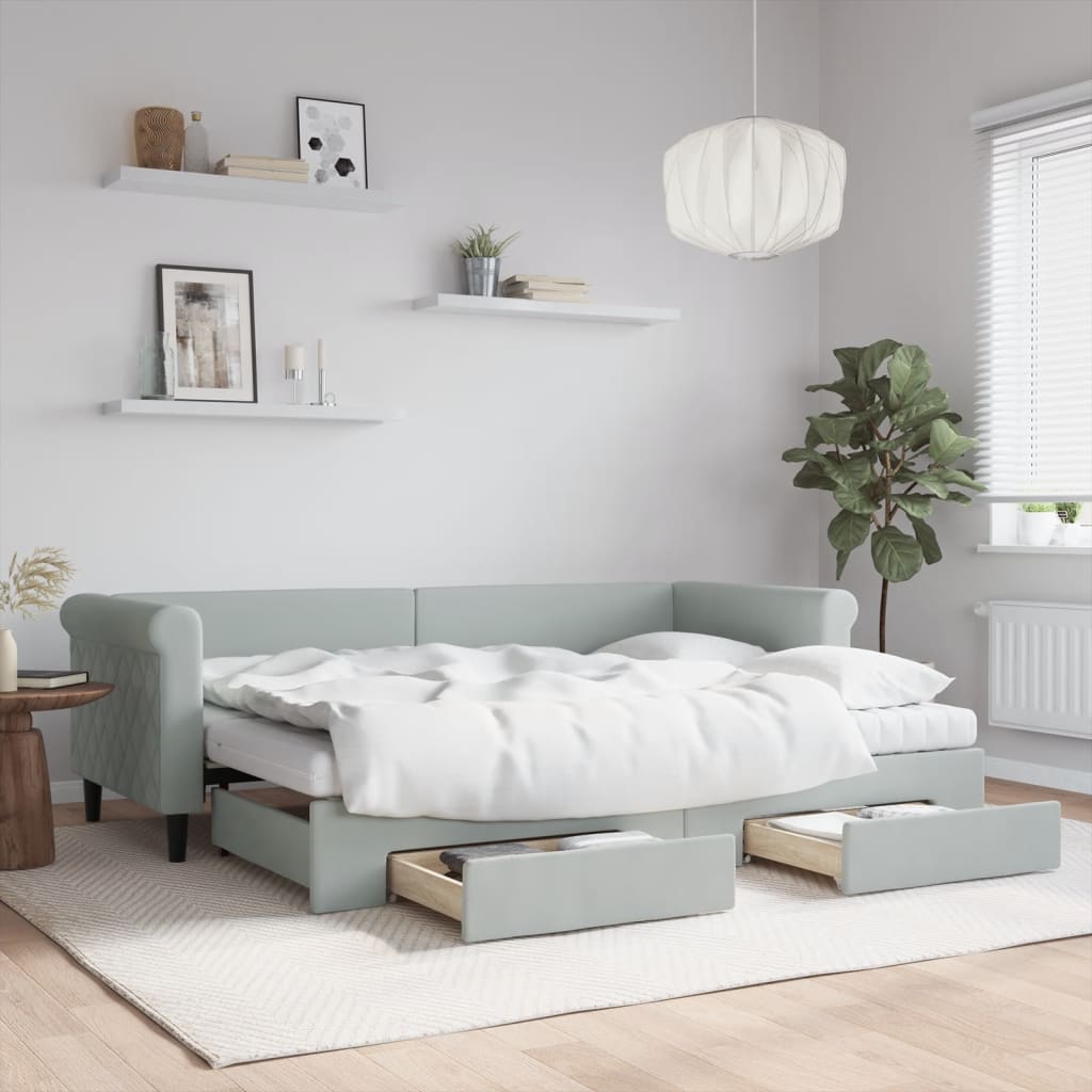 vidaXL Sofa rozsuwana z szufladami, jasnoszara, 80x200 cm, aksamit