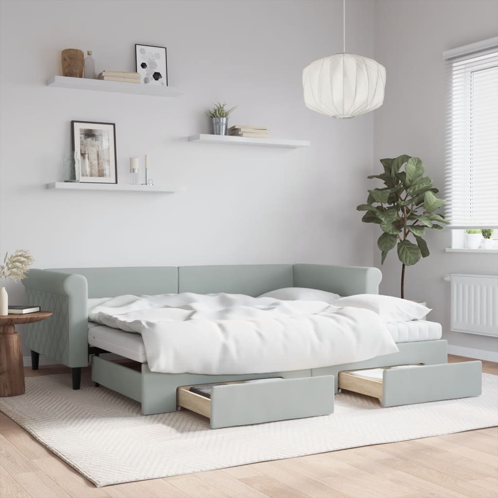vidaXL Sofa rozsuwana z szufladami, jasnoszara, 90x200 cm, aksamit