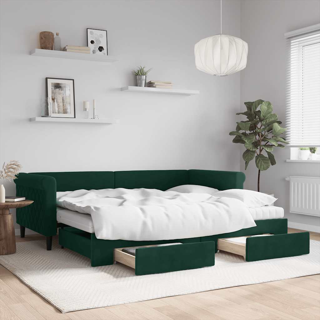 vidaXL Sofa rozsuwana z szufladami, ciemnozielona, 90x200 cm, aksamit