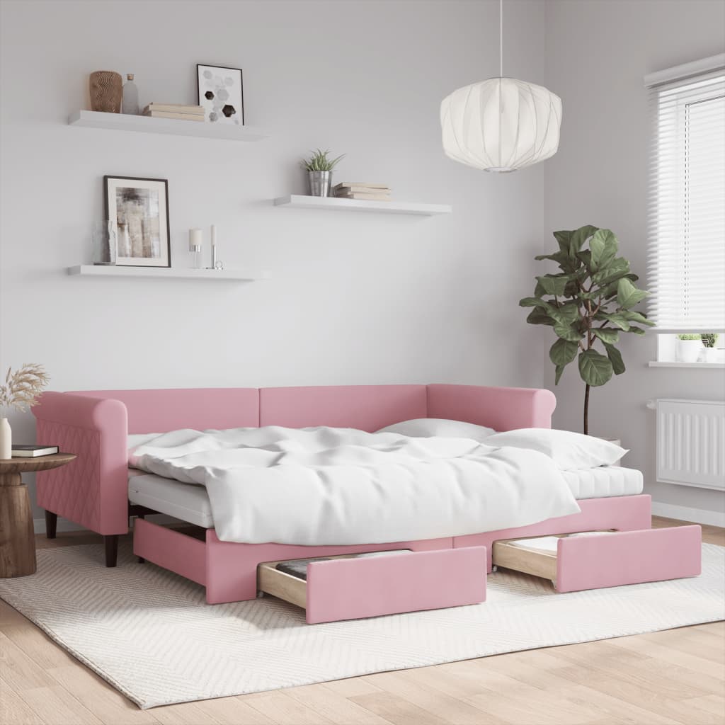 vidaXL Sofa rozsuwana z szufladami, różowa, 90x200 cm, aksamit