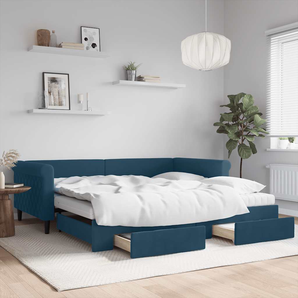 vidaXL Sofa rozsuwana z szufladami, niebieska, 100x200 cm, aksamit