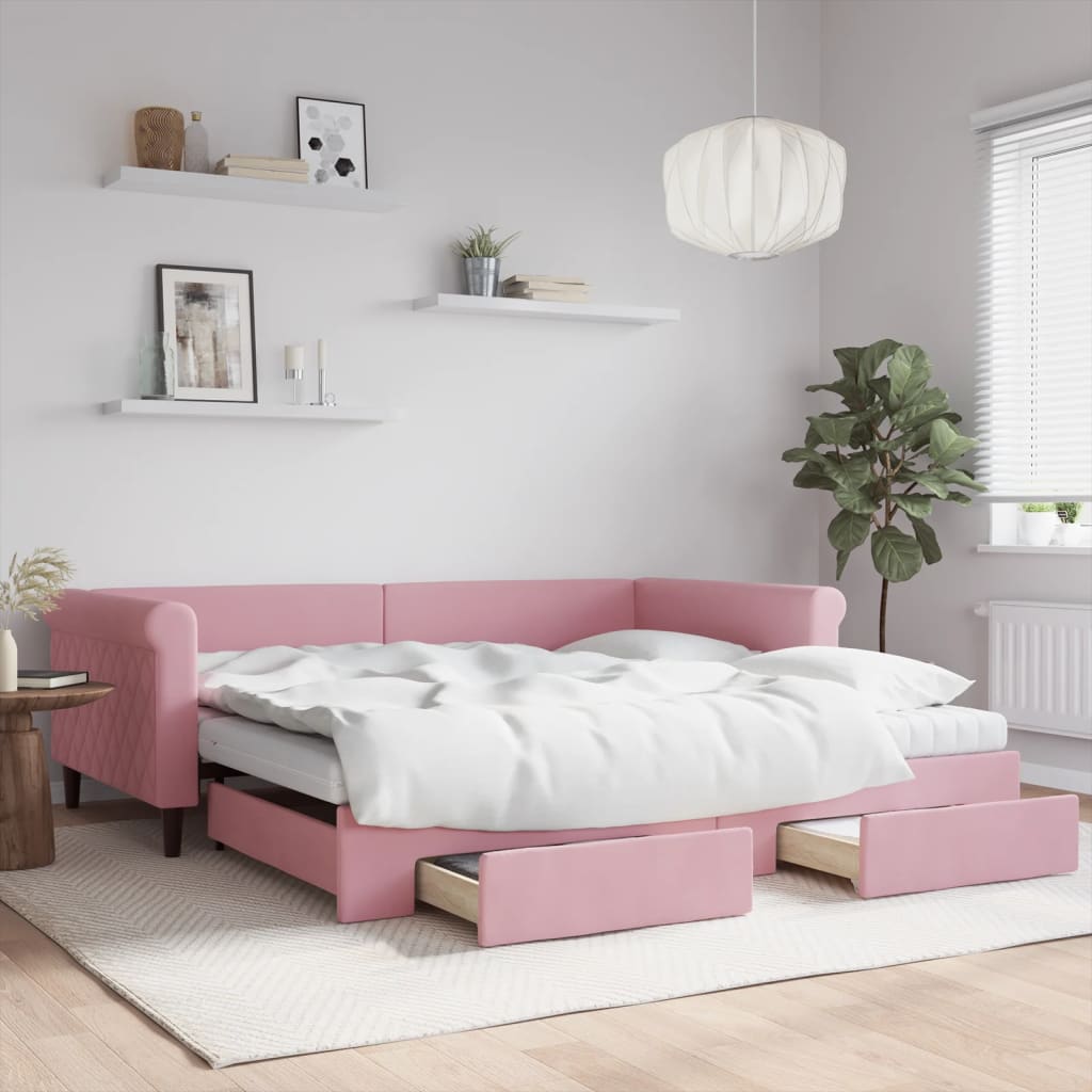 vidaXL Sofa rozsuwana z szufladami, różowa, 100x200 cm, aksamit