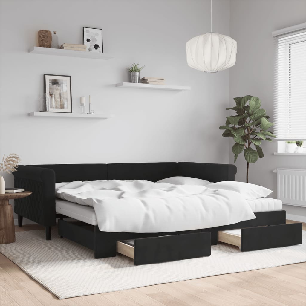 vidaXL Sofa rozsuwana z szufladami, czarna, 100x200 cm, aksamit