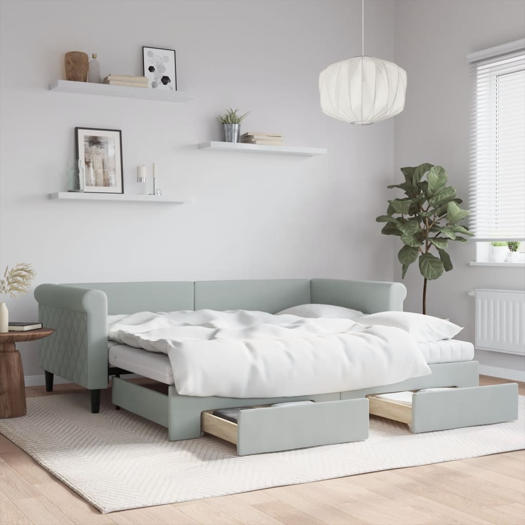 vidaXL Sofa rozsuwana z szufladami, jasnoszara, 90x190 cm, aksamit