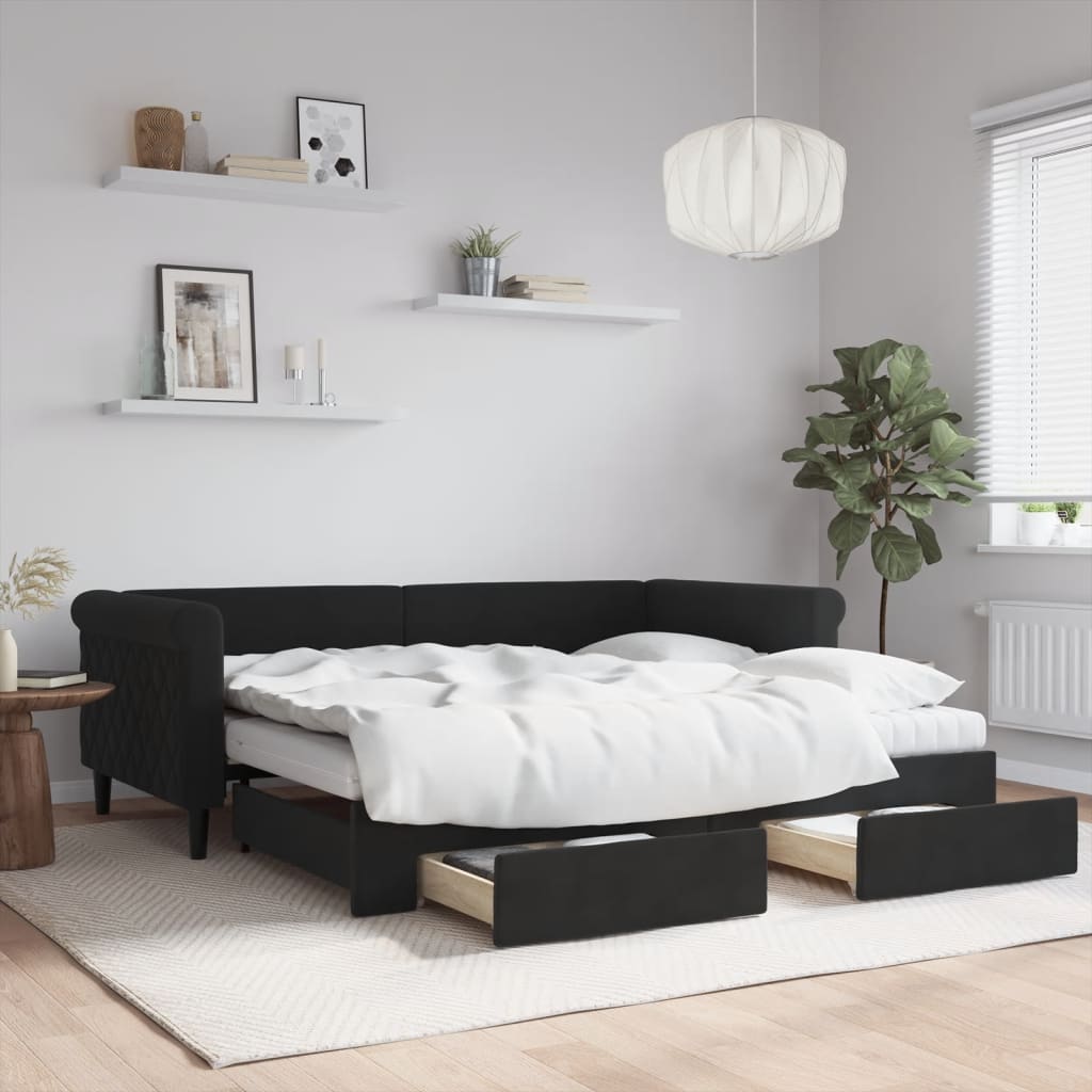 vidaXL Sofa rozsuwana z szufladami, czarna, 90x190 cm, aksamit