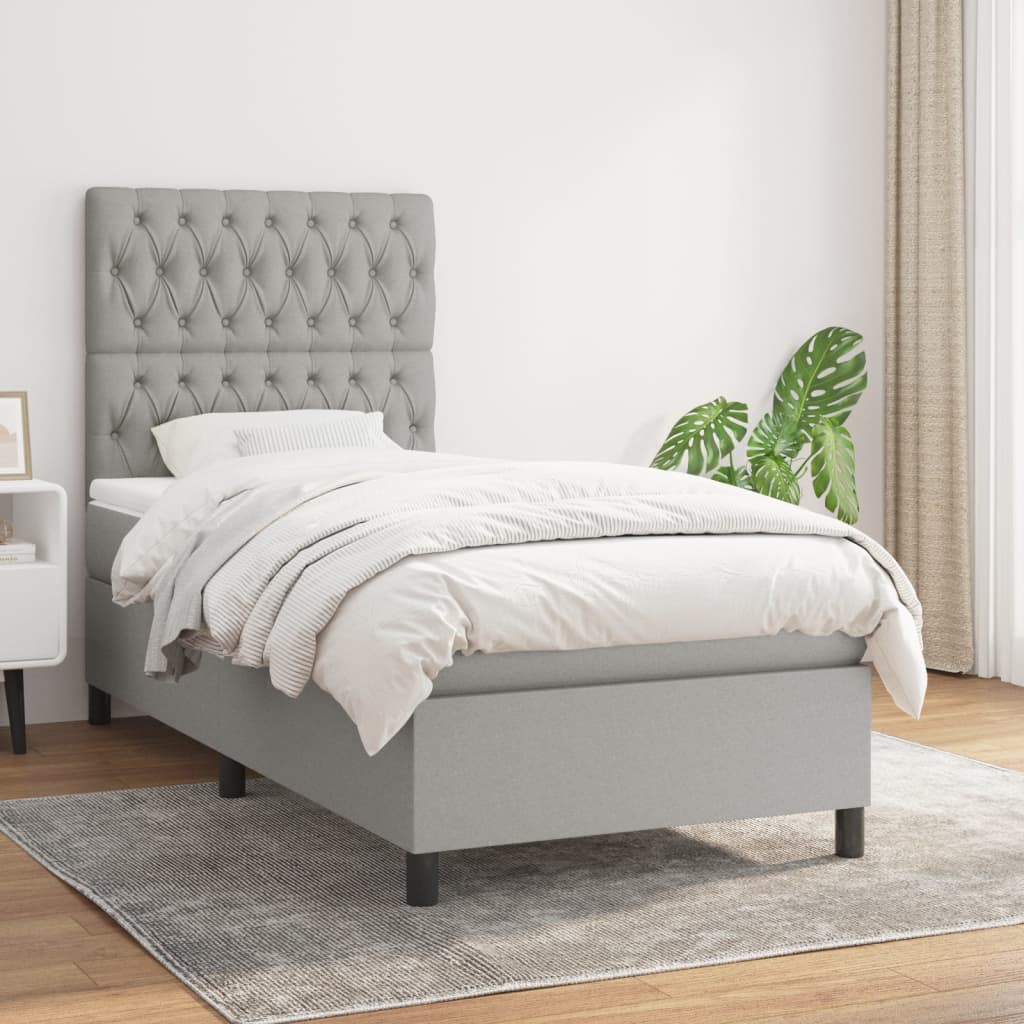 vidaXL Łóżko kontynentalne z materacem, jasnoszare, tkanina, 90x200 cm