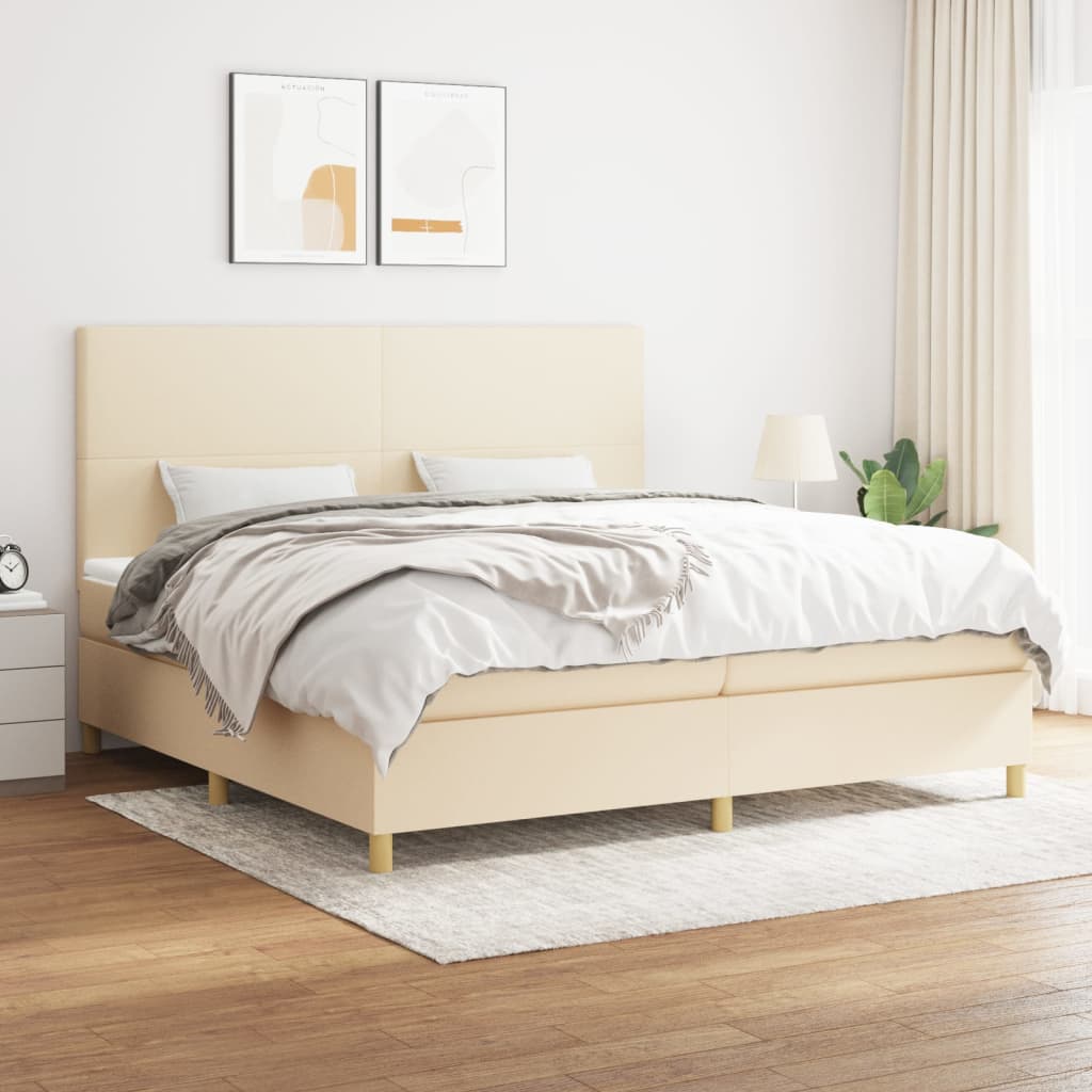vidaXL Łóżko kontynentalne z materacem, kremowe, tkanina, 200x200 cm