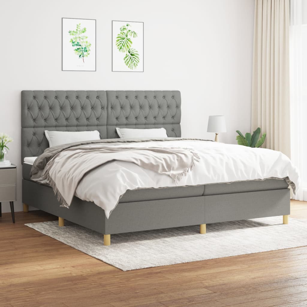 vidaXL Łóżko kontynentalne z materacem, ciemnoszara tkanina 200x200 cm