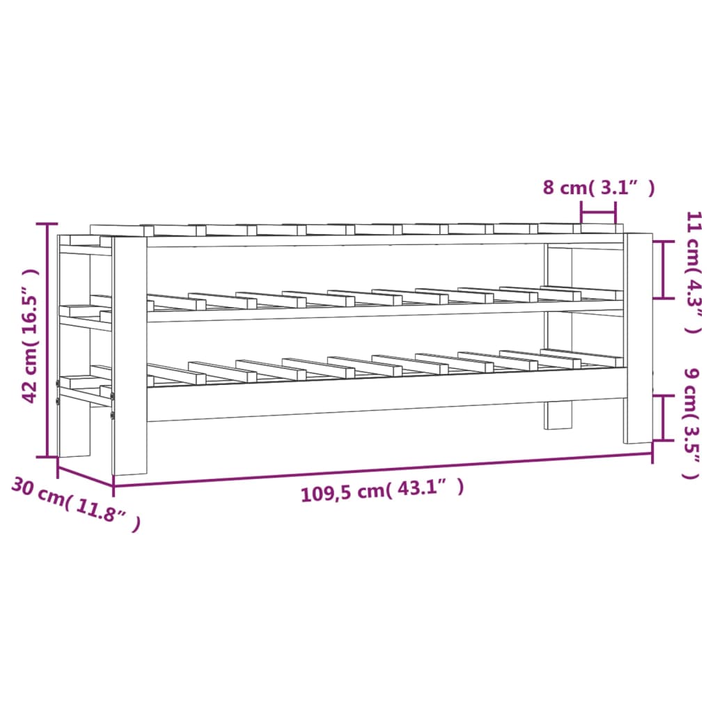 vidaXL Stojak na wino, 109,5x30x42 cm, lite drewno sosnowe