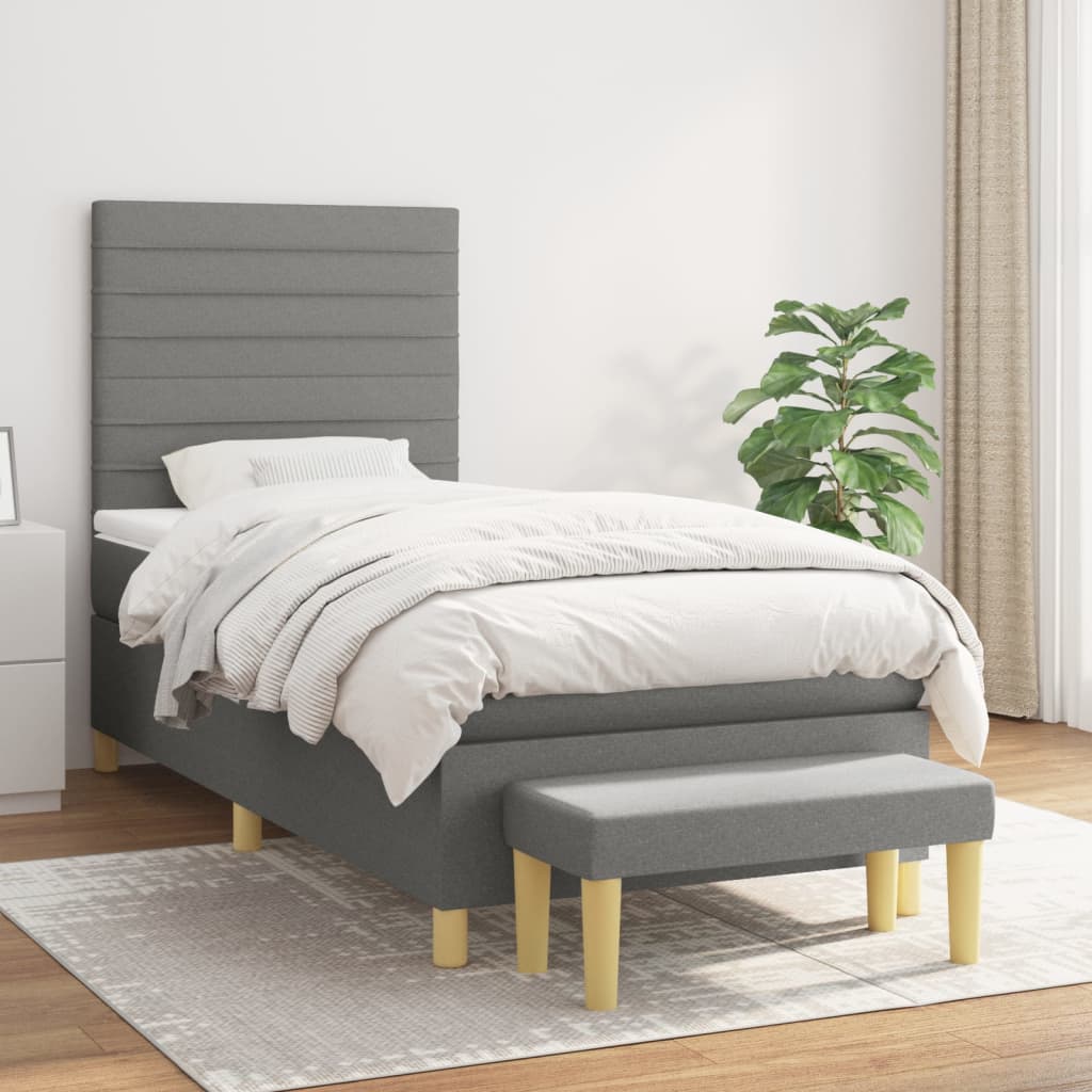 vidaXL Łóżko kontynentalne z materacem, ciemnoszara tkanina 90x200 cm