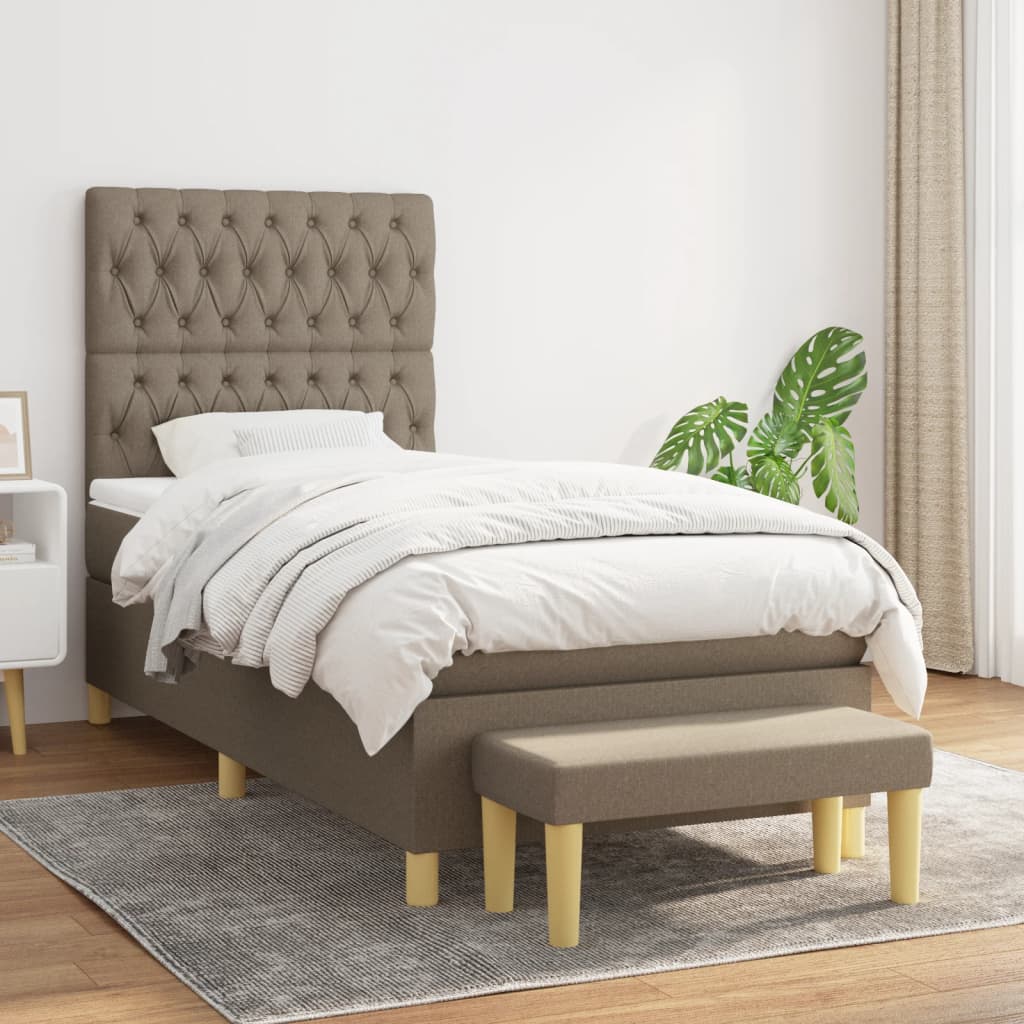 vidaXL Łóżko kontynentalne z materacem, taupe, tkanina, 90x200 cm