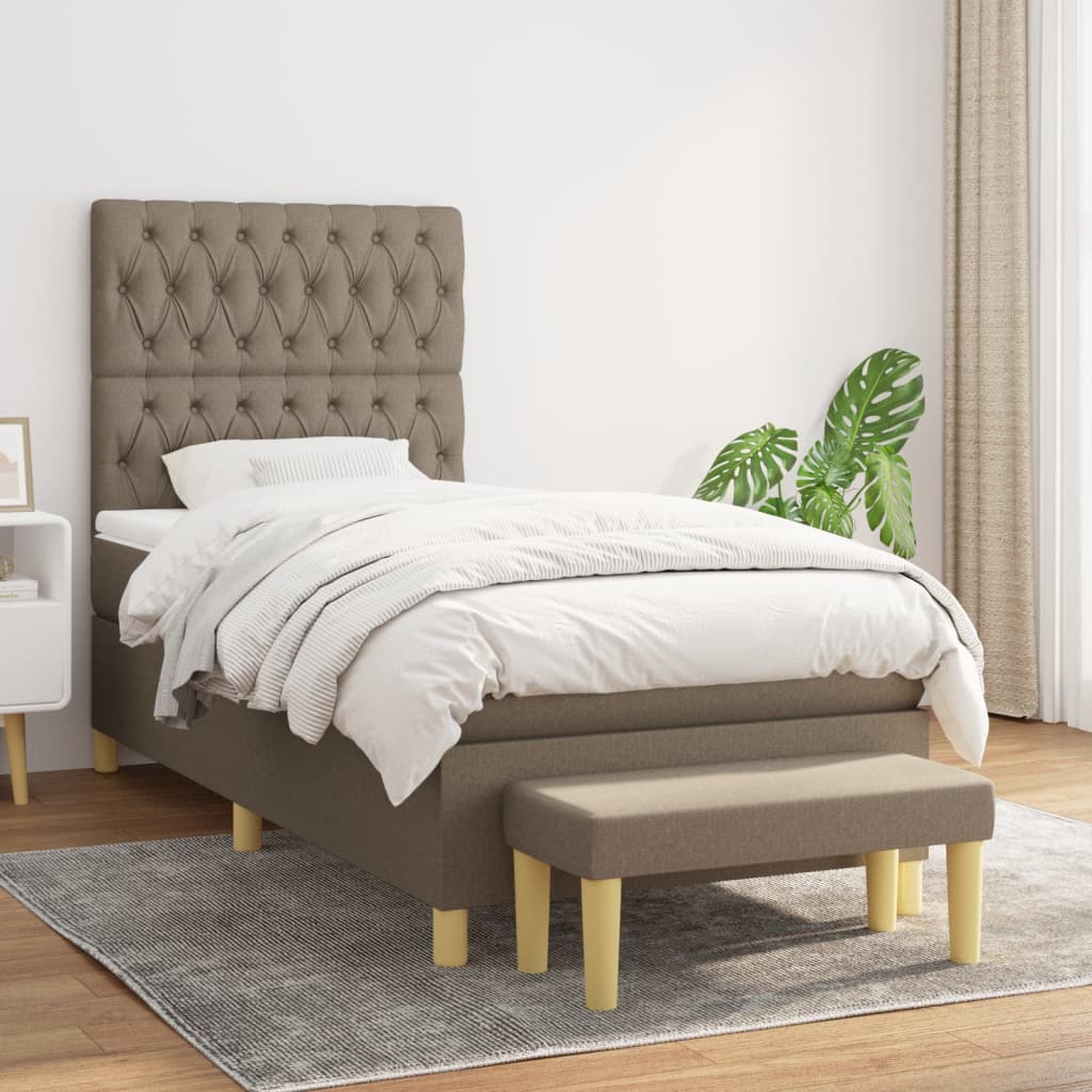 vidaXL Łóżko kontynentalne z materacem, taupe, tkanina, 100x200 cm