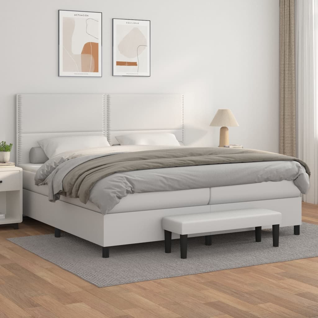 vidaXL Łóżko kontynentalne z materacem, białe, ekoskóra 200x200 cm