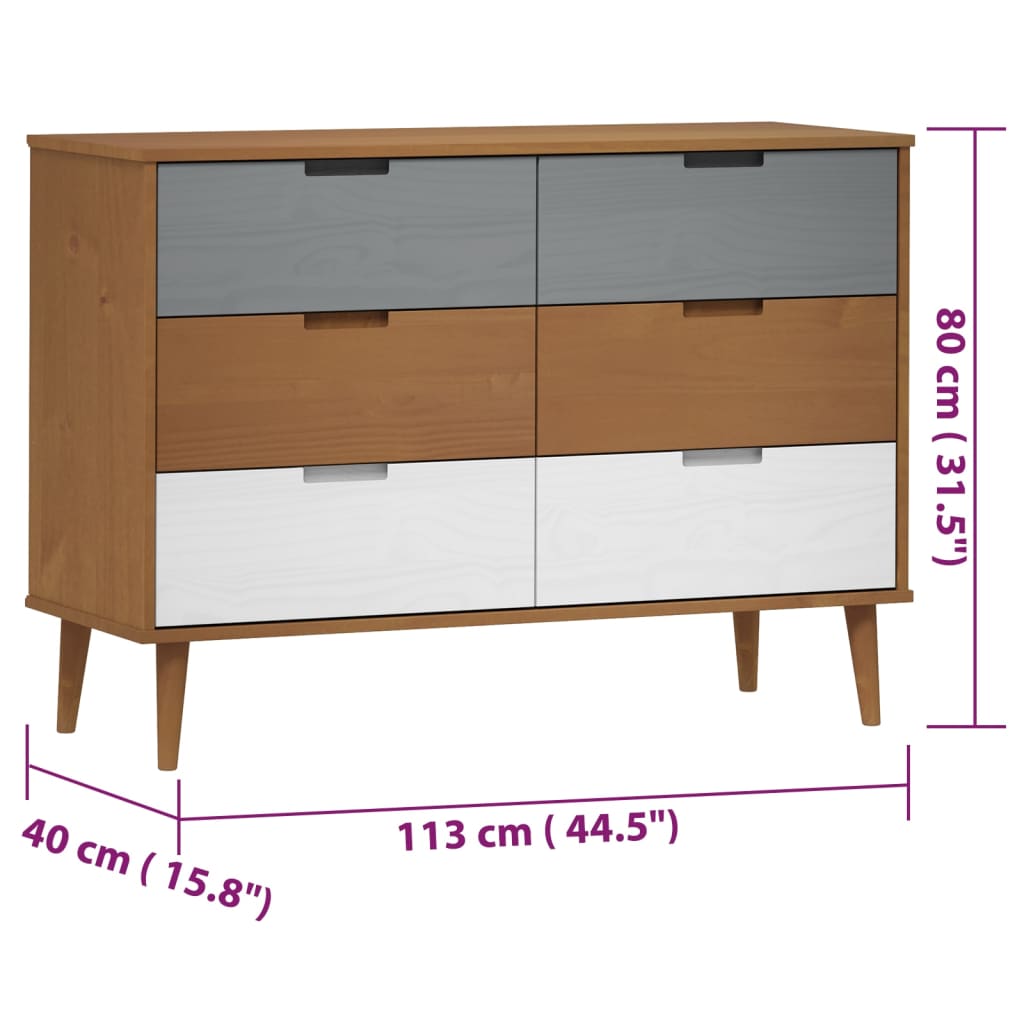 vidaXL Komoda MOLDE, brązowa, 113x40x80 cm, lite drewno sosnowe