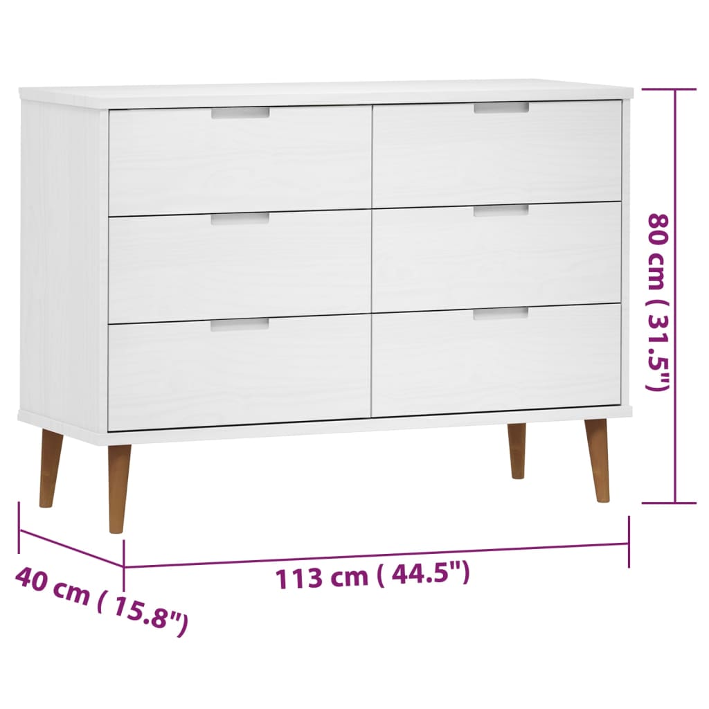 vidaXL Komoda MOLDE, biała, 113x40x80 cm, lite drewno sosnowe