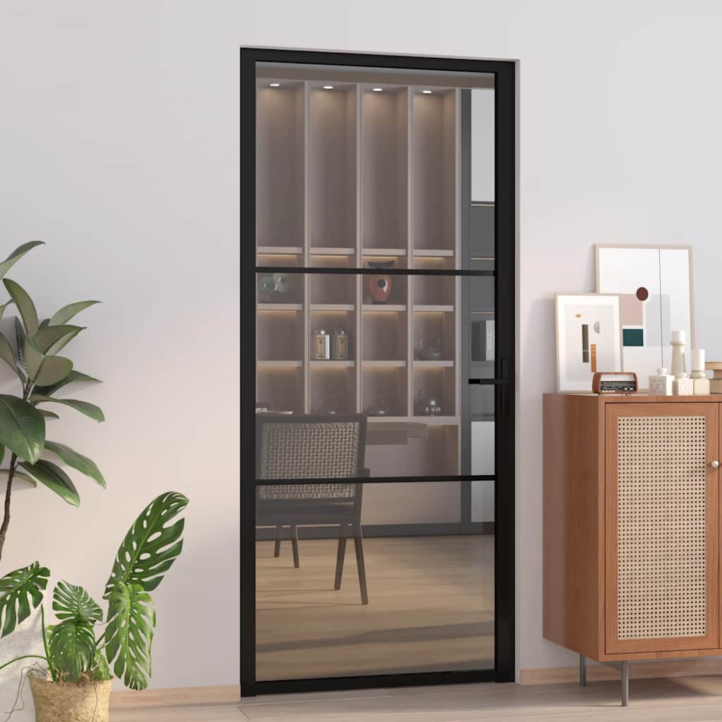 vidaXL Drzwi wewnętrzne, 93x201,5 cm, czarne, szkło ESG i aluminium