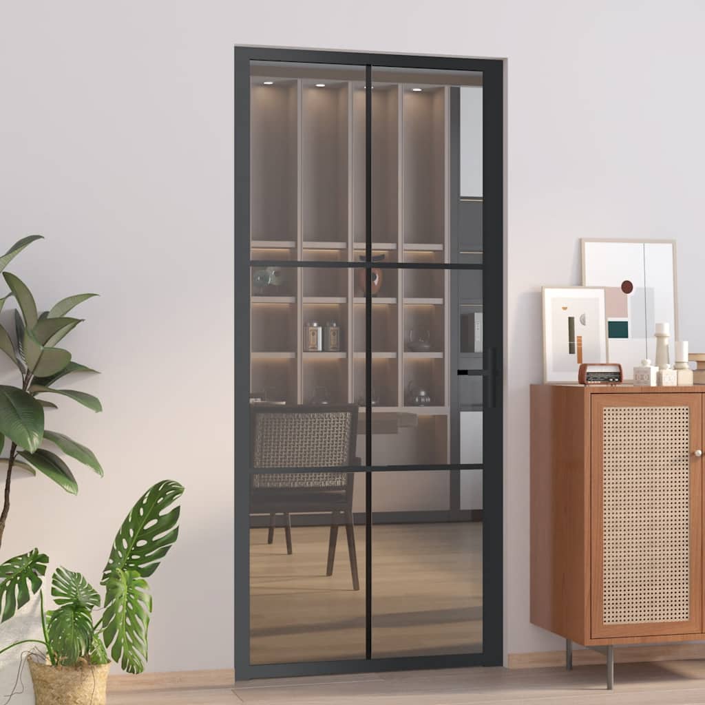 vidaXL Drzwi wewnętrzne, 93x201,5 cm, czarne, szkło ESG i aluminium