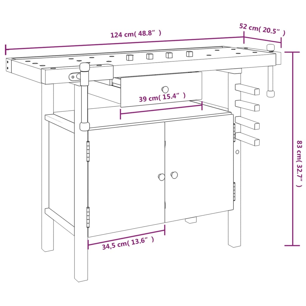 vidaXL Stół warsztatowy z szufladą i imadłem 124x52x83 cm, lite drewno akacjowe