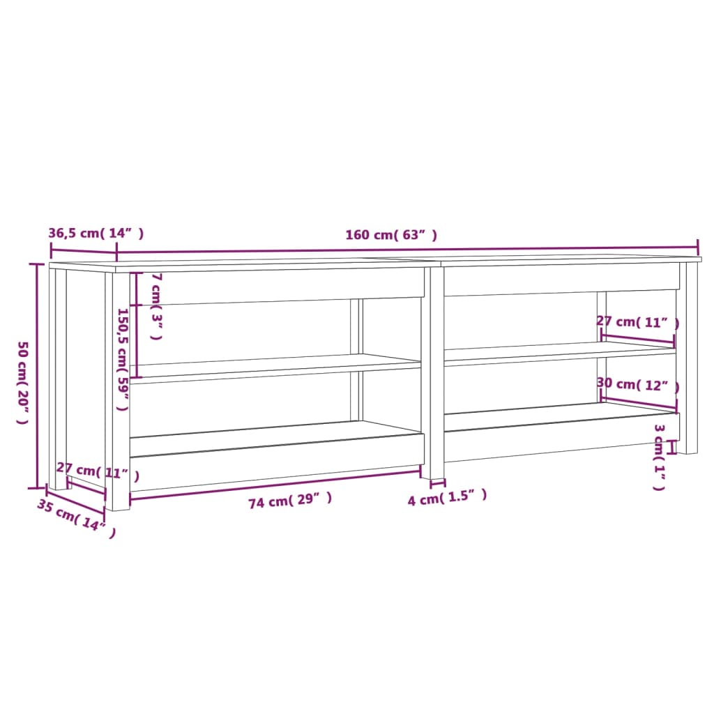 vidaXL Szafka na buty, biały, 160x36,5x50 cm, lite drewno sosnowe