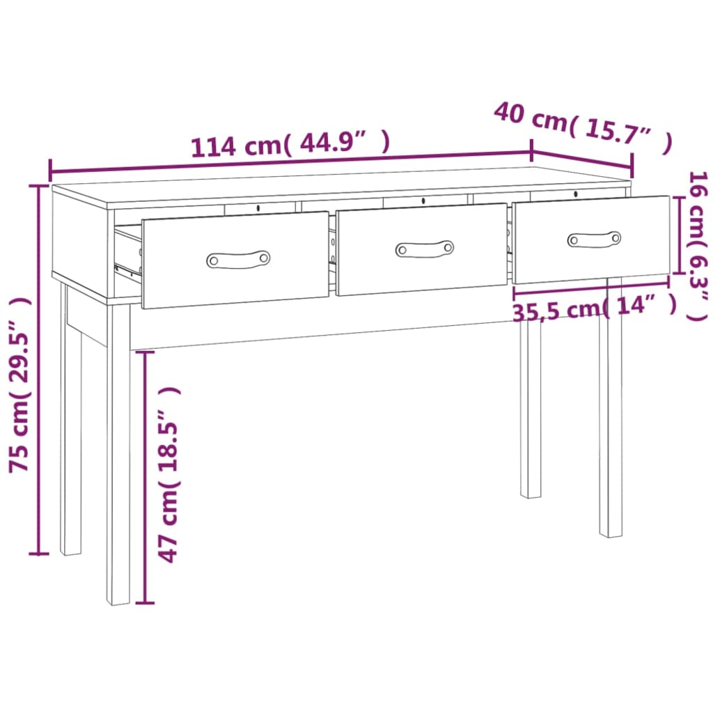 vidaXL Stolik konsolowy, biały, 114 x 40 x 75 cm, lite drewno sosnowe