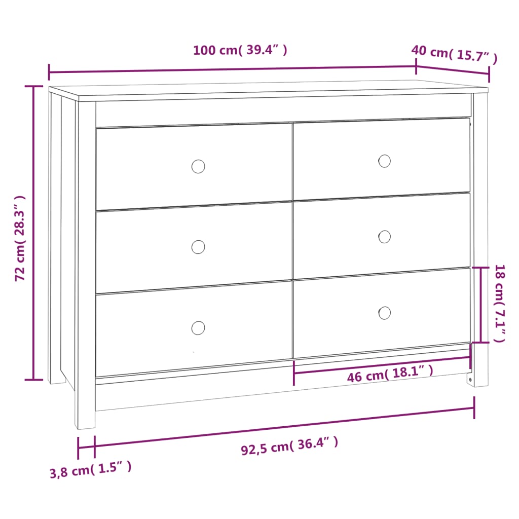 vidaXL Komoda, biały, 100x40x72 cm, lite drewno sosnowe