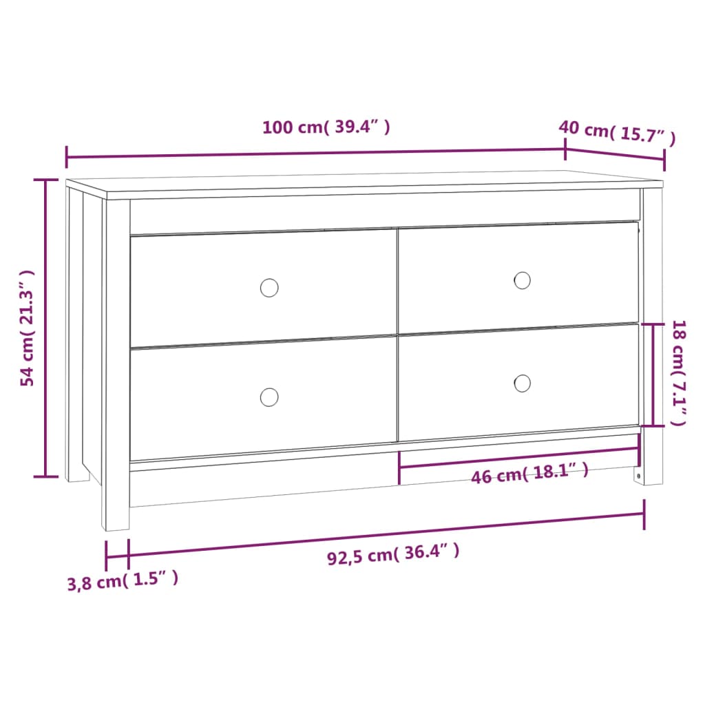 vidaXL Komoda, biały, 100x40x54 cm, lite drewno sosnowe