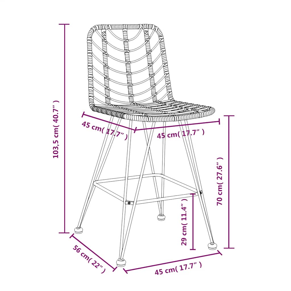 vidaXL Stołki barowe, 2 szt., 45x56x103,5 cm, PE, rattan i stal