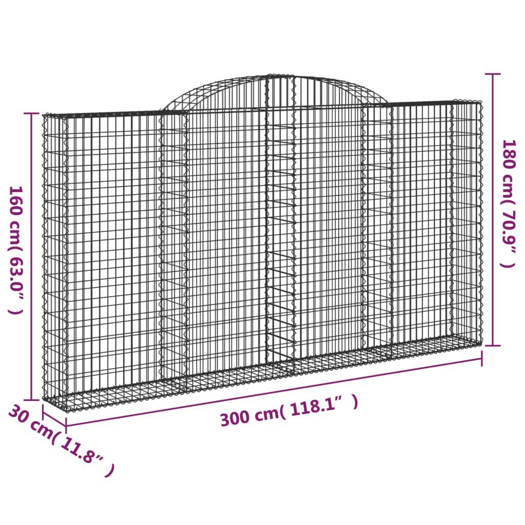 vidaXL Kosze gabionowe, 3 szt, 300x30x160/180 cm, galwanizowane żelazo