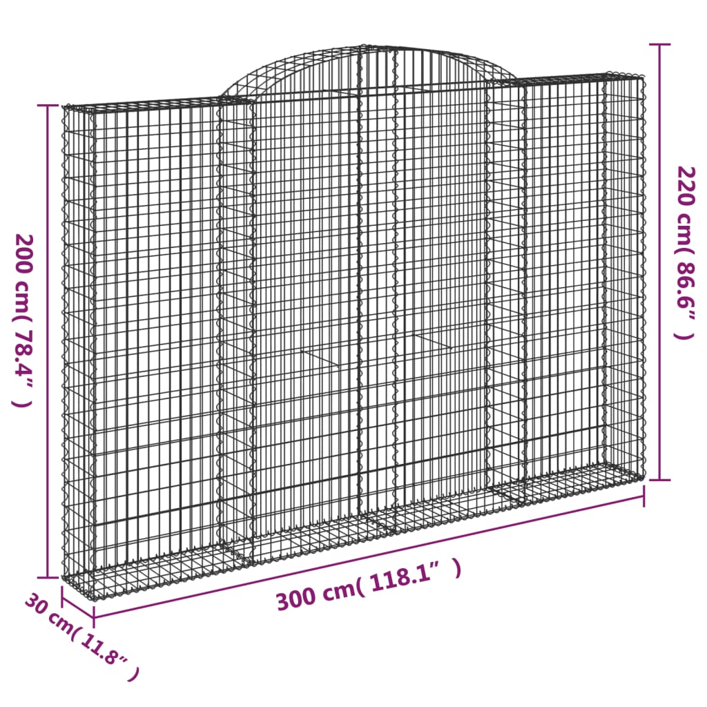 vidaXL Kosze gabionowe, 3 szt, 300x30x200/220 cm, galwanizowane żelaz