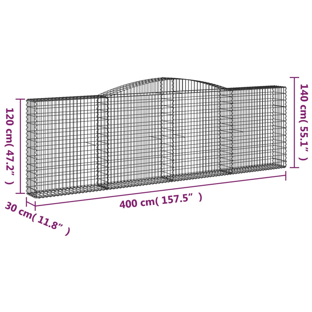 vidaXL Kosze gabionowe, 7 szt, 400x30x120/140 cm, galwanizowane żelazo