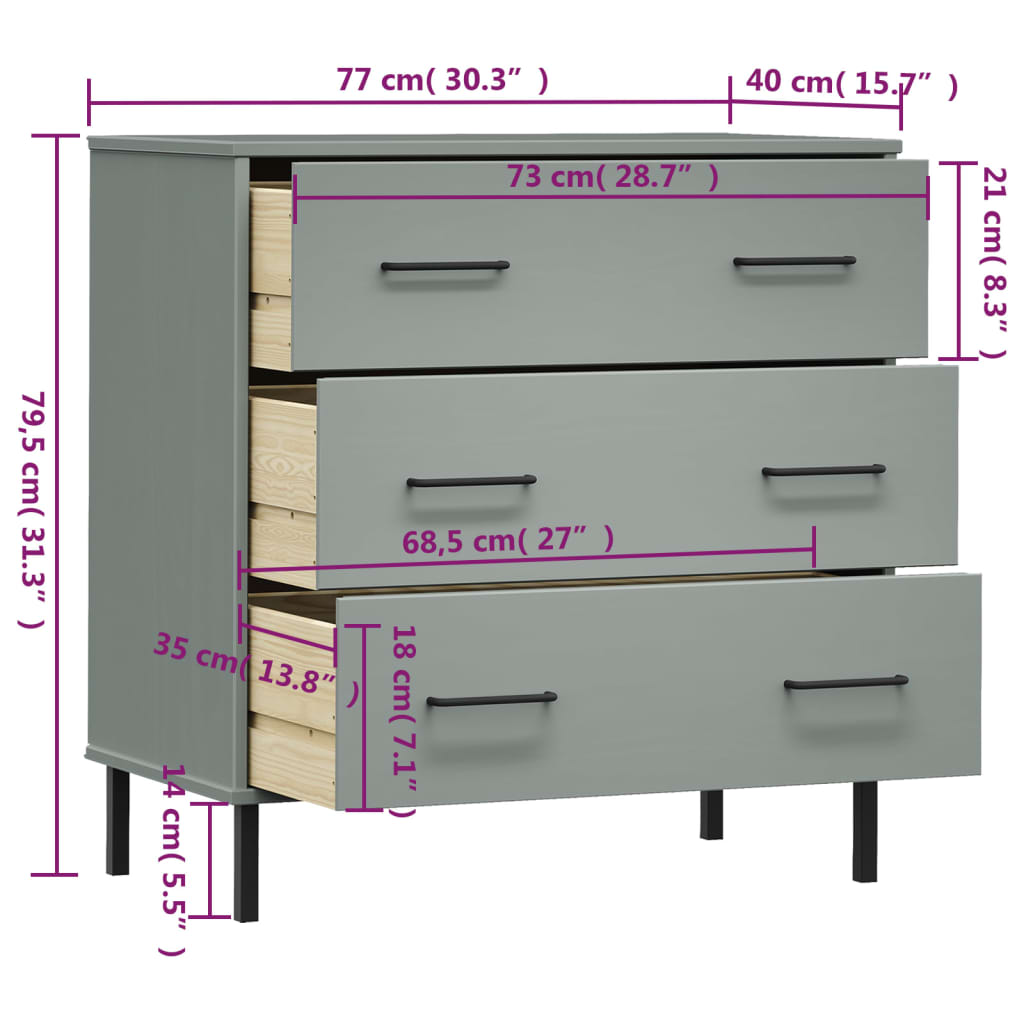 vidaXL Komoda OSLO z 3 szufladami, szara, 77x40x79,5 cm, lite drewno