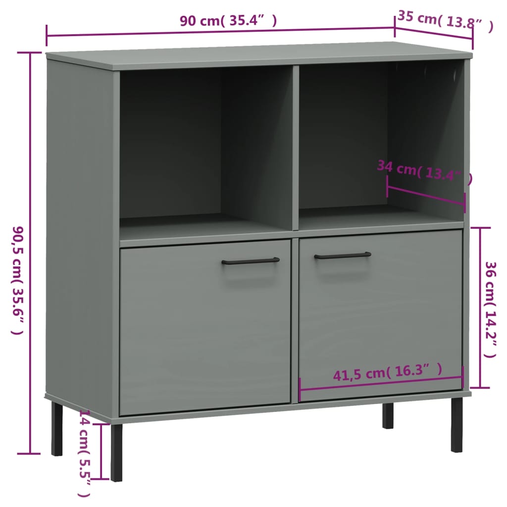 vidaXL Regał OSLO, metalowe nóżki, szary, 90x35x90,5 cm, lite drewno