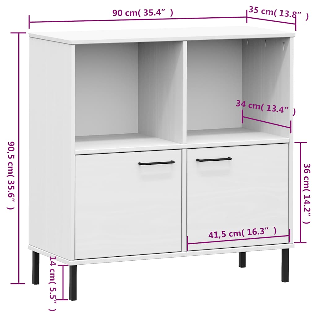 vidaXL Regał OSLO, metalowe nóżki, biały, 90x35x90,5 cm, lite drewno