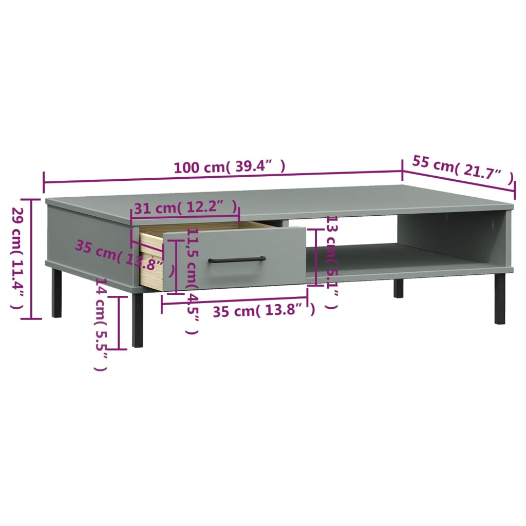 vidaXL Stolik kawowy OSLO, metalowe nóżki, szary, drewno sosnowe