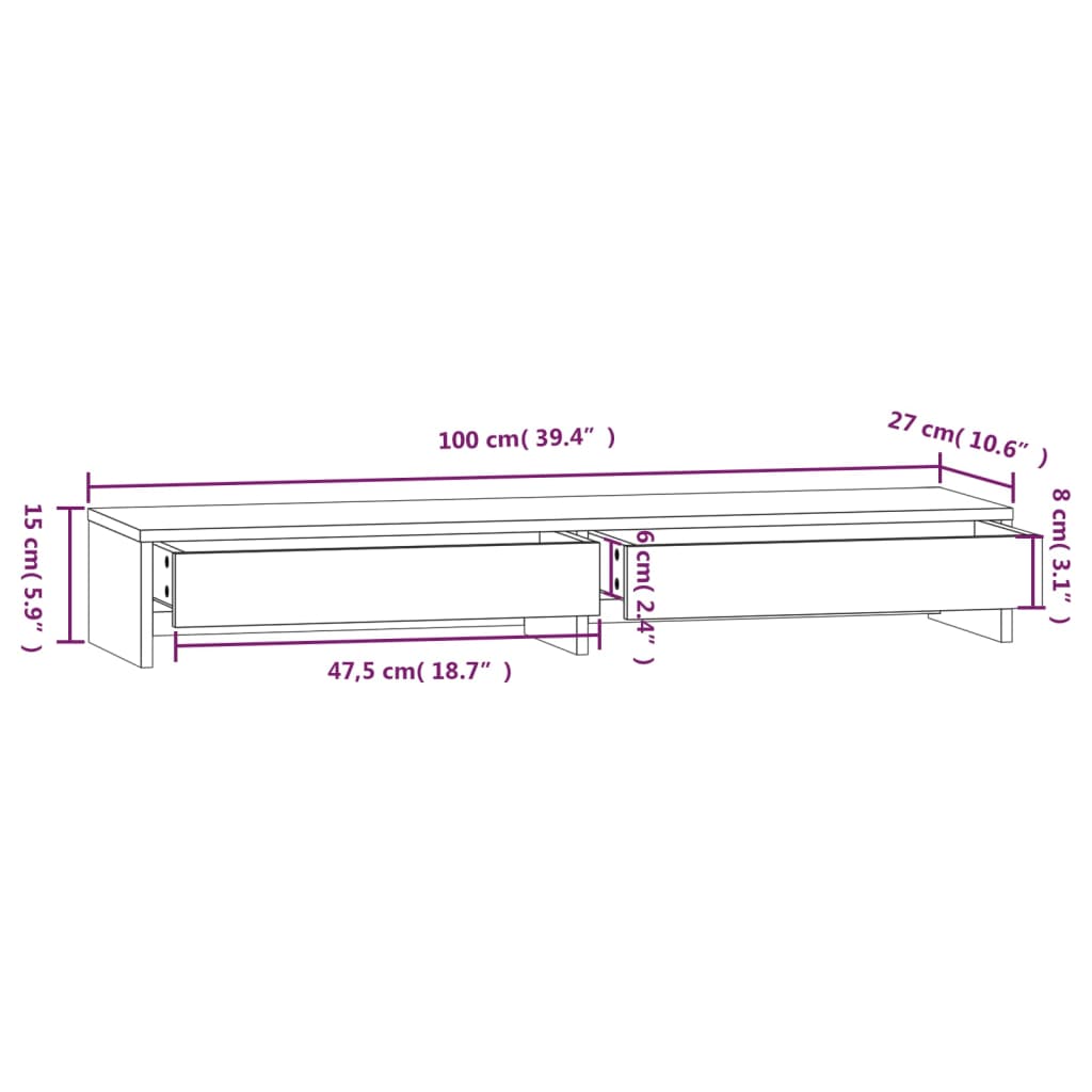 vidaXL Podstawka na monitor, 100x27x15 cm, lite drewno sosnowe