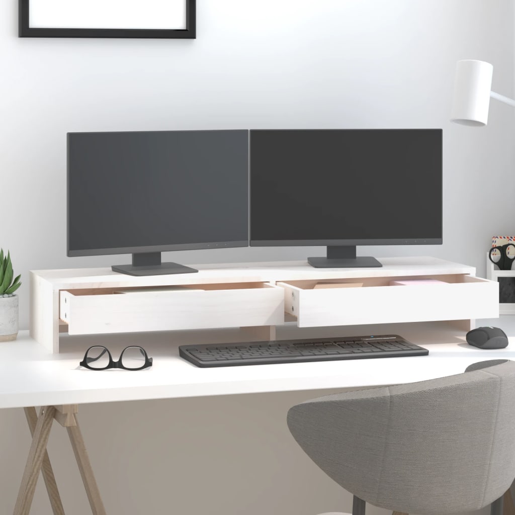 vidaXL Podstawka na monitor, biała, 100x27x15 cm, lite drewno sosnowe