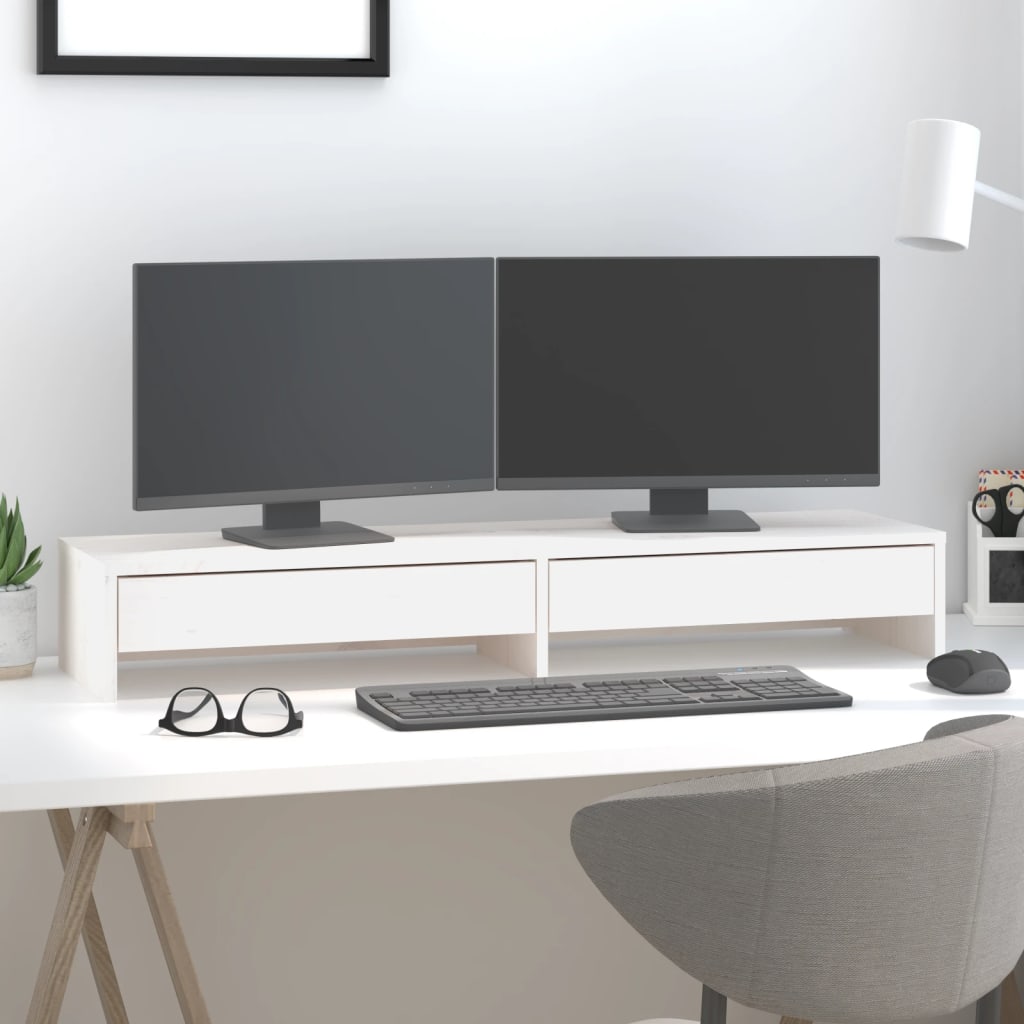 vidaXL Podstawka na monitor, biała, 100x27x15 cm, lite drewno sosnowe