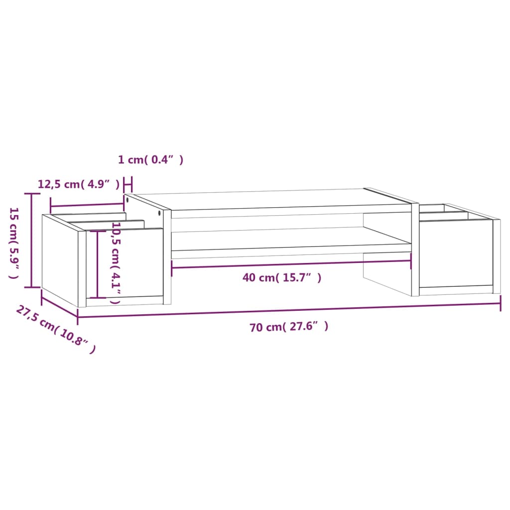 vidaXL Podstawka na monitor, 70x27,5x15 cm, lite drewno sosnowe