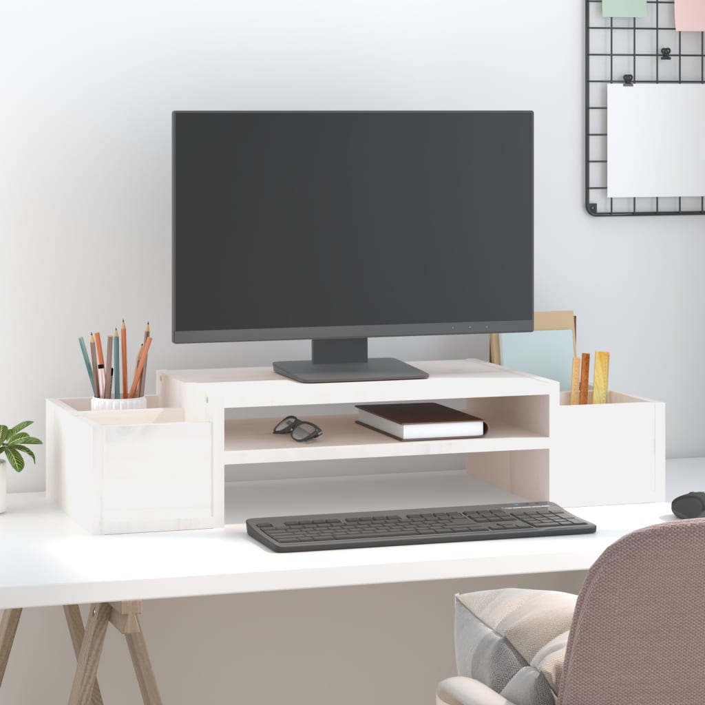 vidaXL Podstawka na monitor, biała, 70x27,5x15 cm, lite drewno sosnowe