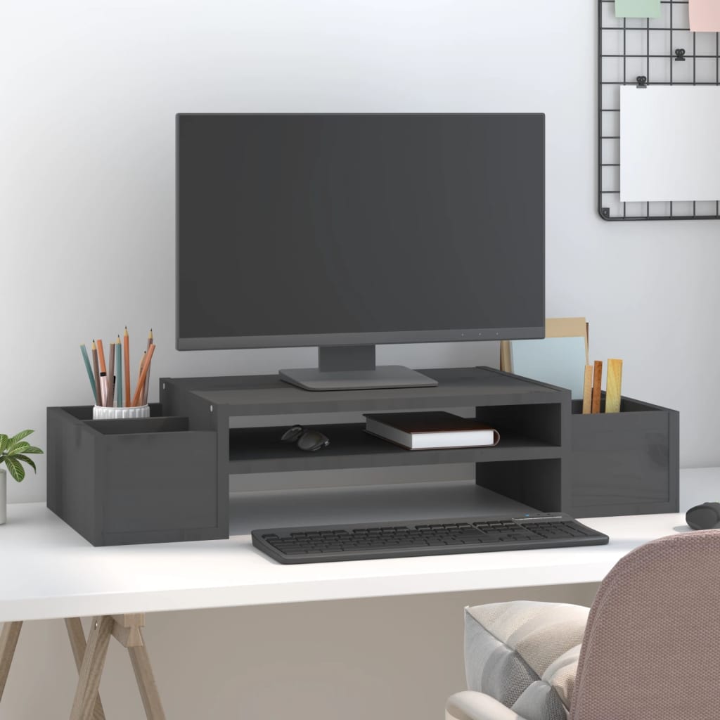 vidaXL Podstawka na monitor, szara, 70x27,5x15 cm, lite drewno sosnowe