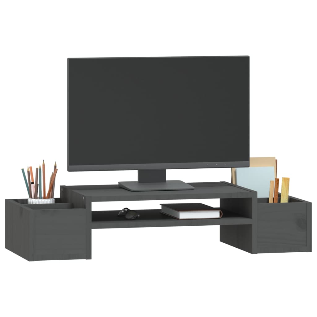 vidaXL Podstawka na monitor, szara, 70x27,5x15 cm, lite drewno sosnowe