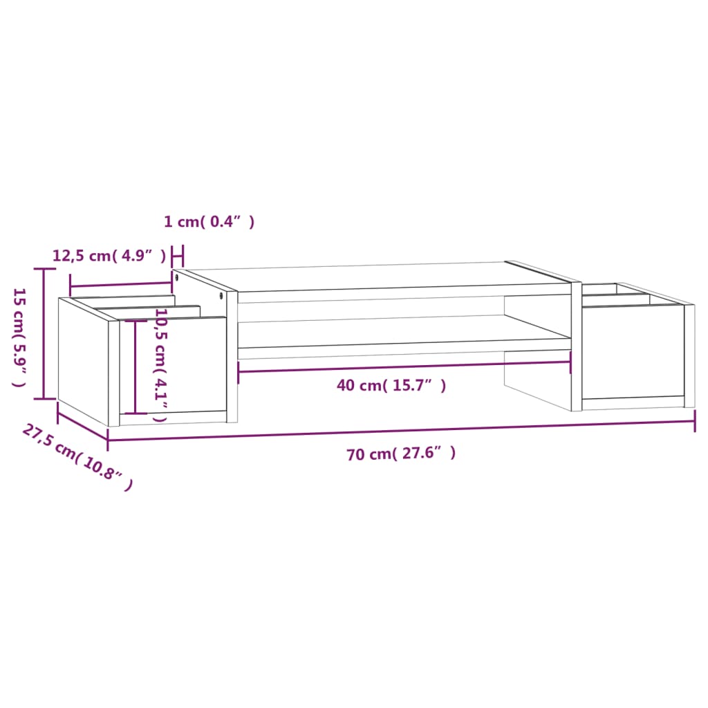 vidaXL Podstawka na monitor, szara, 70x27,5x15 cm, lite drewno sosnowe