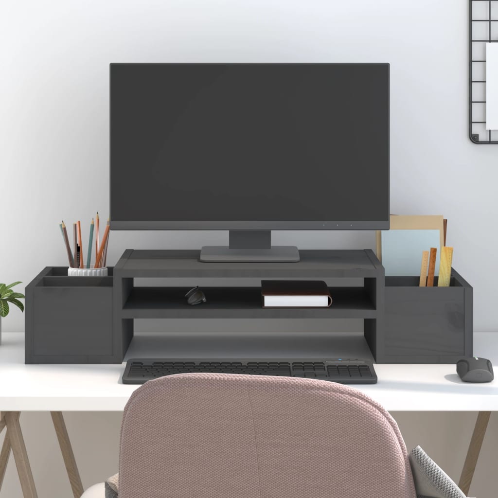 vidaXL Podstawka na monitor, szara, 70x27,5x15 cm, lite drewno sosnowe