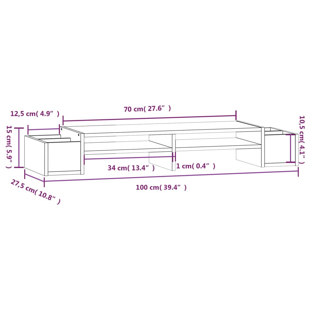vidaXL Podstawka na monitor, 100x27,5x15 cm, lite drewno sosnowe